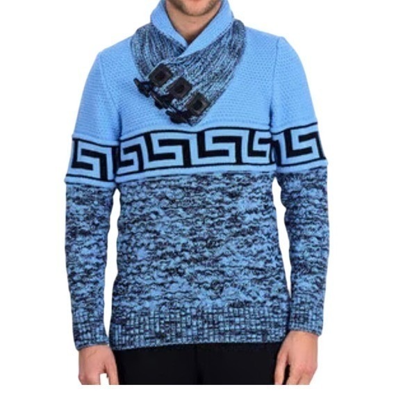 LCR Black Edition Shawl Collar Sweater Greek Key Knitwear Wool‎ Pullover 3XL Men